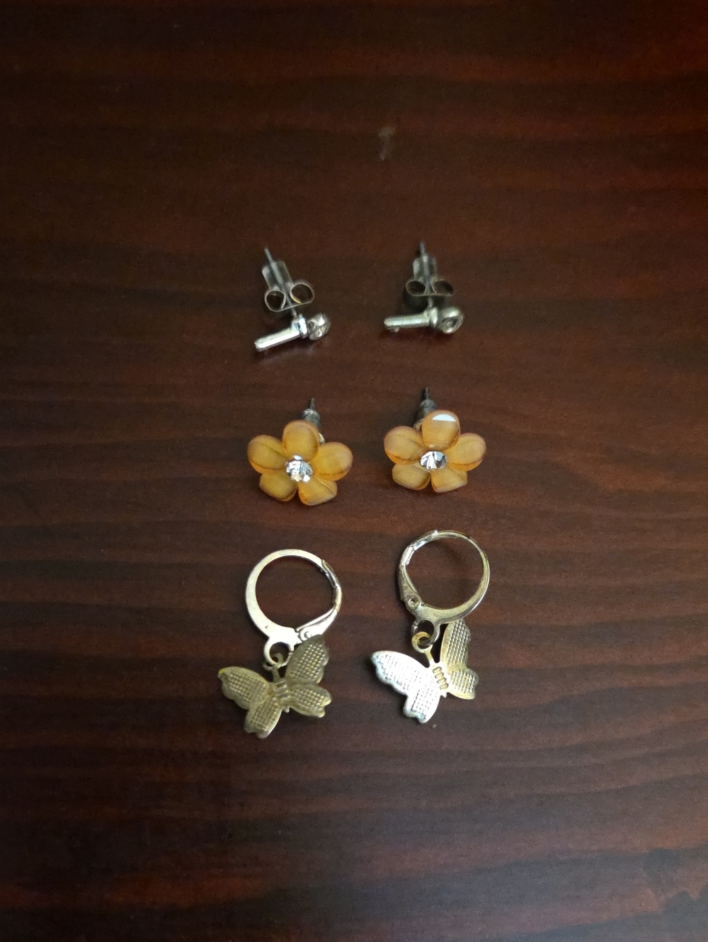 Set of Three Stud and Hoop Earrings with Yellow Flower and Silver Butterfly